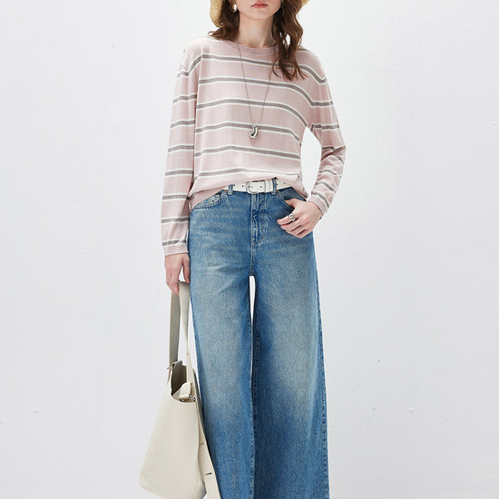 COMOBOCA Women's Striped Round Neck Knit Sweater