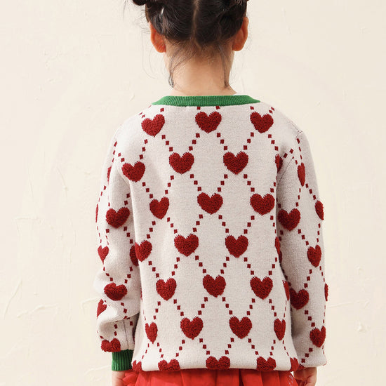 COMOBOCA 100% Wool Kids' Heart Pattern Knit Cardigan