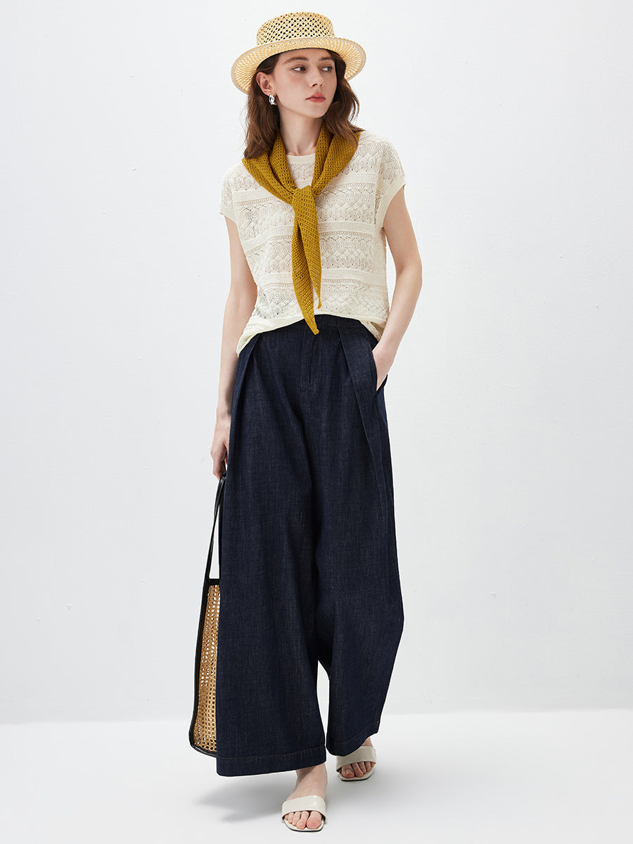 COMOBOCA Women's Openwork Striped Sleeveless Knit T-Shirt