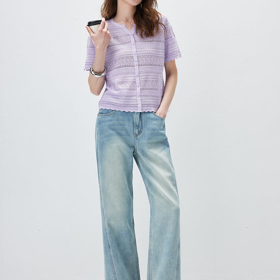 COMOBOCA Women's Scalloped Hem Openwork Knit Cardigan