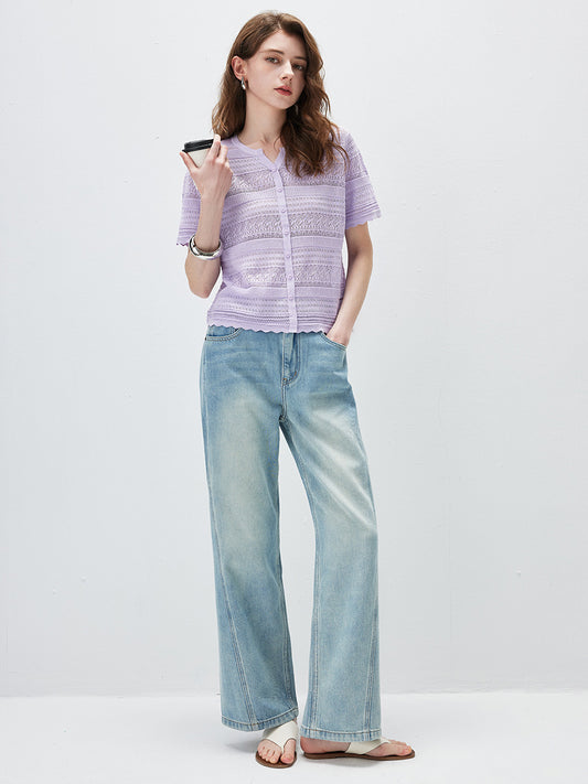 COMOBOCA Women's Scalloped Hem Openwork Knit Cardigan