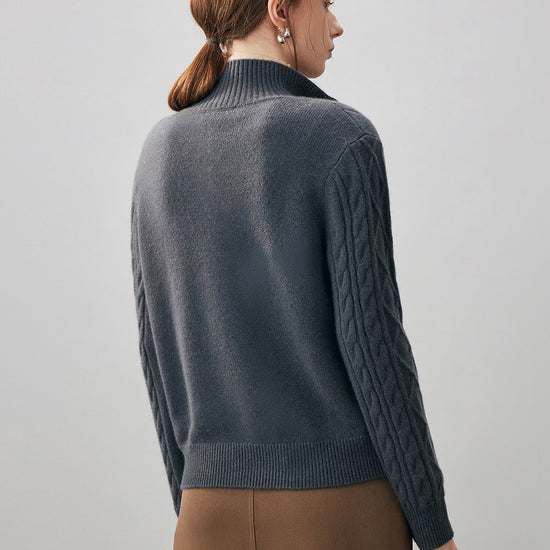 COMOBOCA 100% Cashmere Women's Cable Mock Neck Knit Cardigan