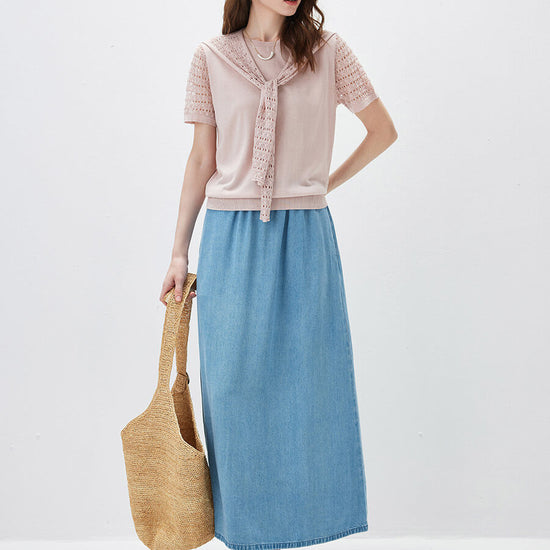 COMOBOCA Women's Lace Round Neck Knit T-Shirt