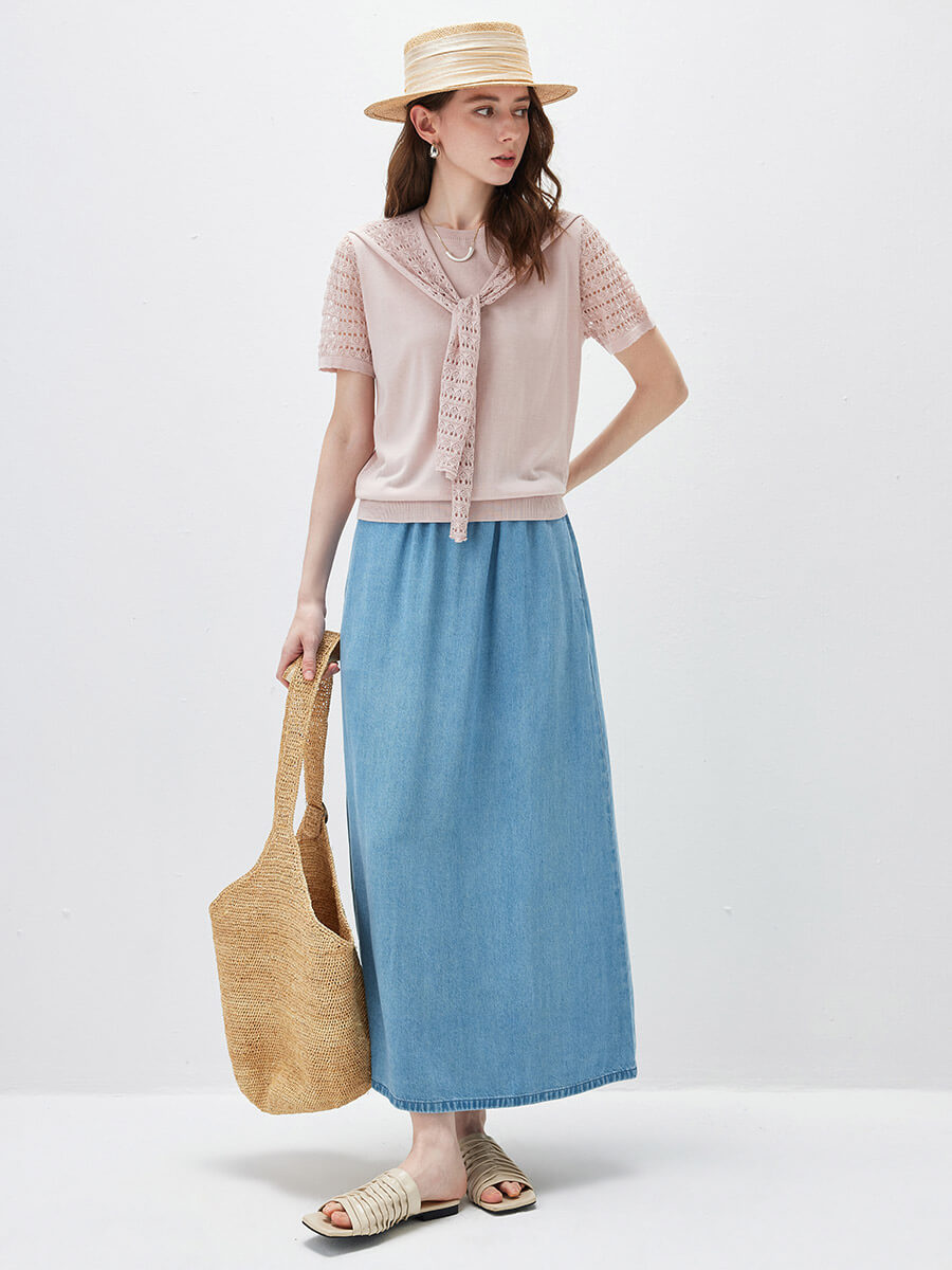 COMOBOCA Women's Lace Round Neck Knit T-Shirt