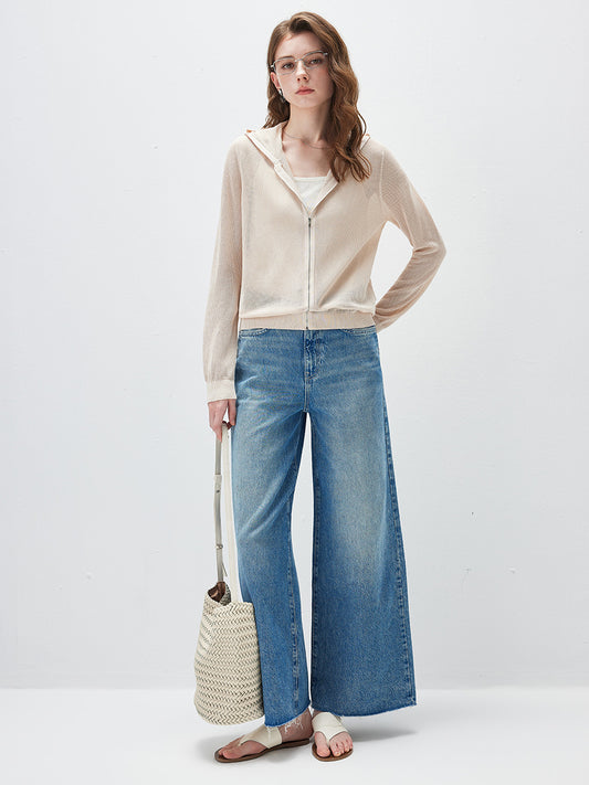 COMOBOCA Women's Sheer Mesh Hooded Zip Up Cardigan