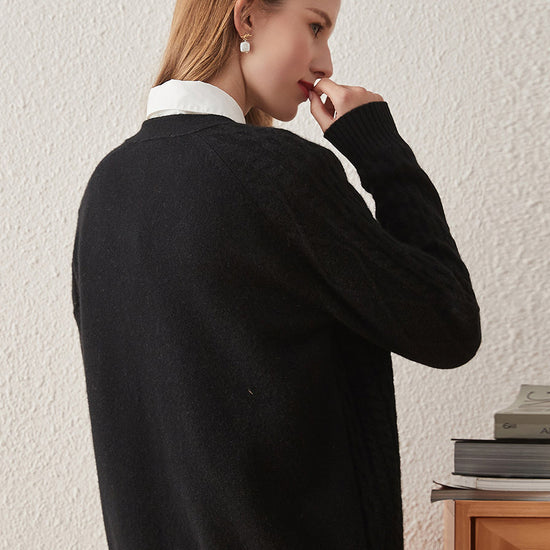 COMOBOCA 100% Cashmere Women's V-Neck Cable Knit Cardigan