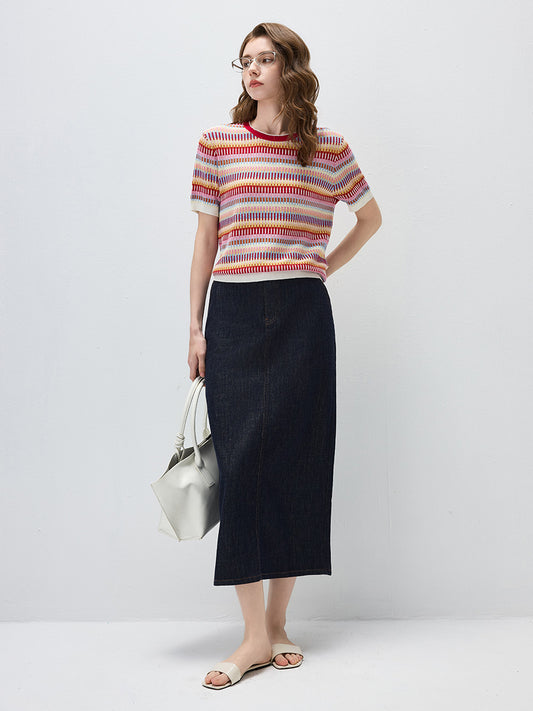 Women’s Crew Neck Silk-Cotton Jacquard Striped Short-Sleeve Knit T-shirt