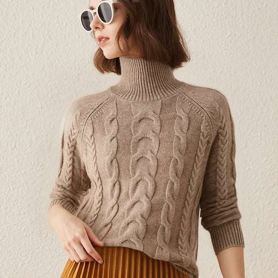 COMOBOCA 100% Cashmere Women's Turtleneck Cable Knit Sweater