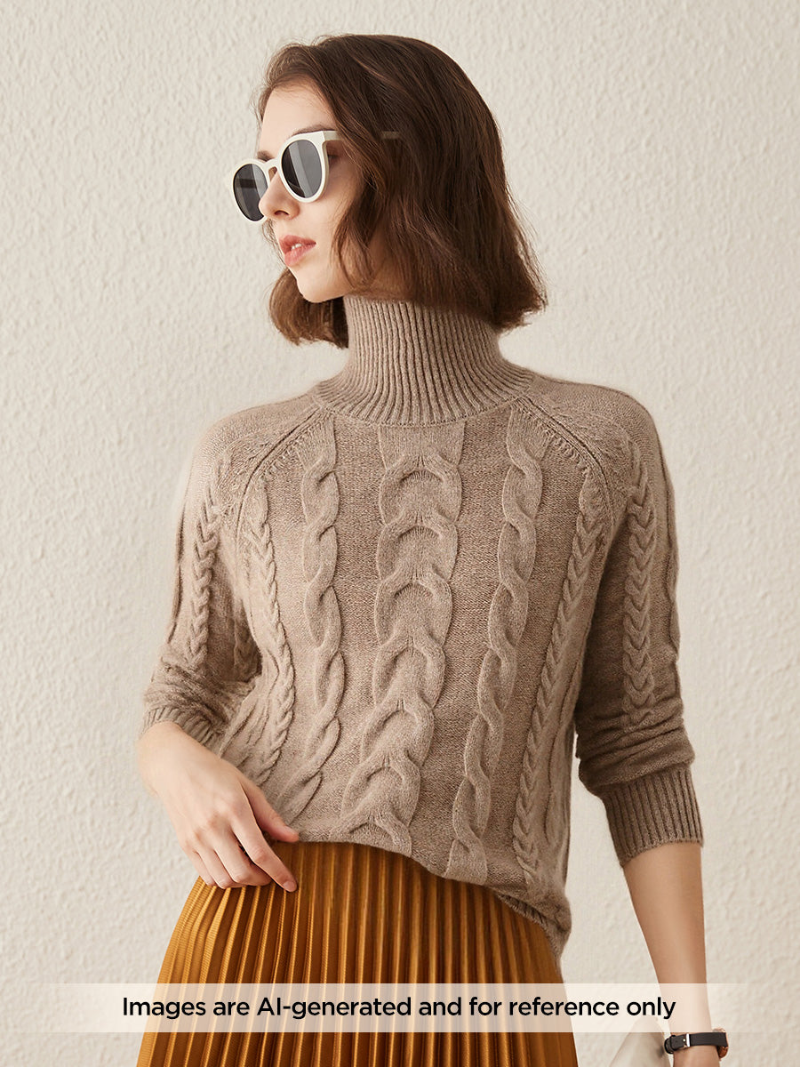 COMOBOCA 100% Cashmere Women's Turtleneck Cable Knit Sweater