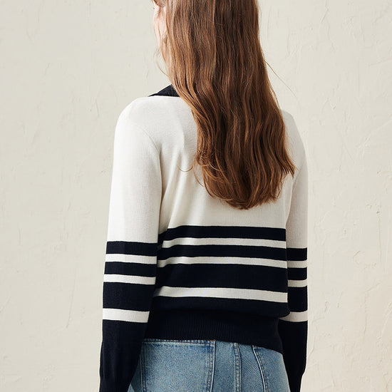 COMOBOCA 100% Wool Women's Striped Zip-Up Cardigan