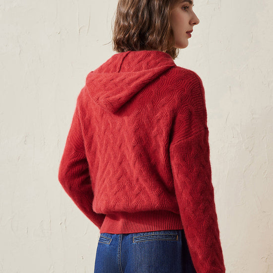 COMOBOCA 100% Cashmere Women's Cable Knit Hooded Sweater