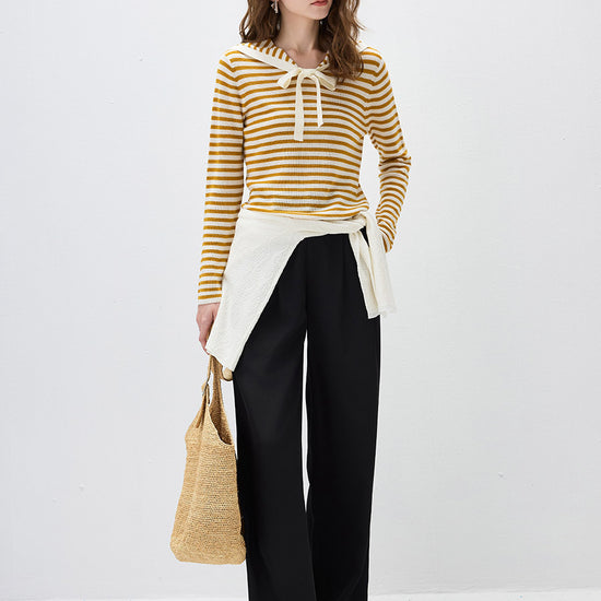 COMOBOCA Women's Striped Sailor Collar Tie Front Knit Sweater