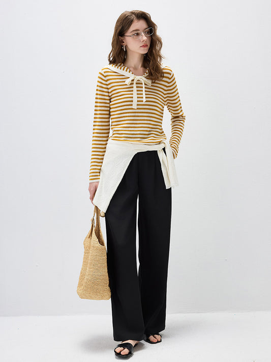 COMOBOCA Women's Striped Sailor Collar Tie Front Knit Sweater