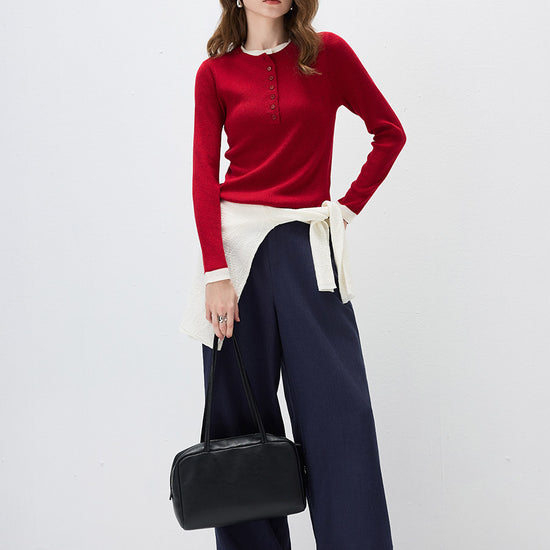 COMOBOCA Women's Ribbed Contrast Trim Henley Knit Sweater