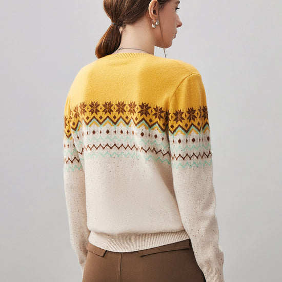 COMOBOCA 100% Cashmere Women's Fair Isle Round Neck Knit Sweater