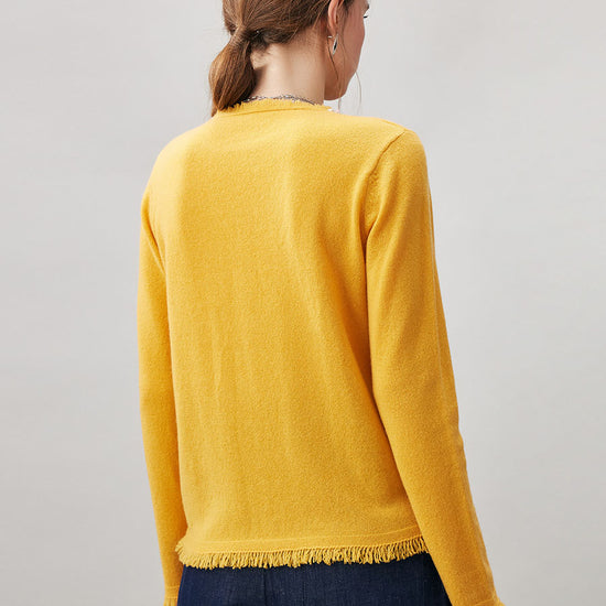 COMOBOCA 100% Cashmere Women's Fringed Hem Floral Sweater