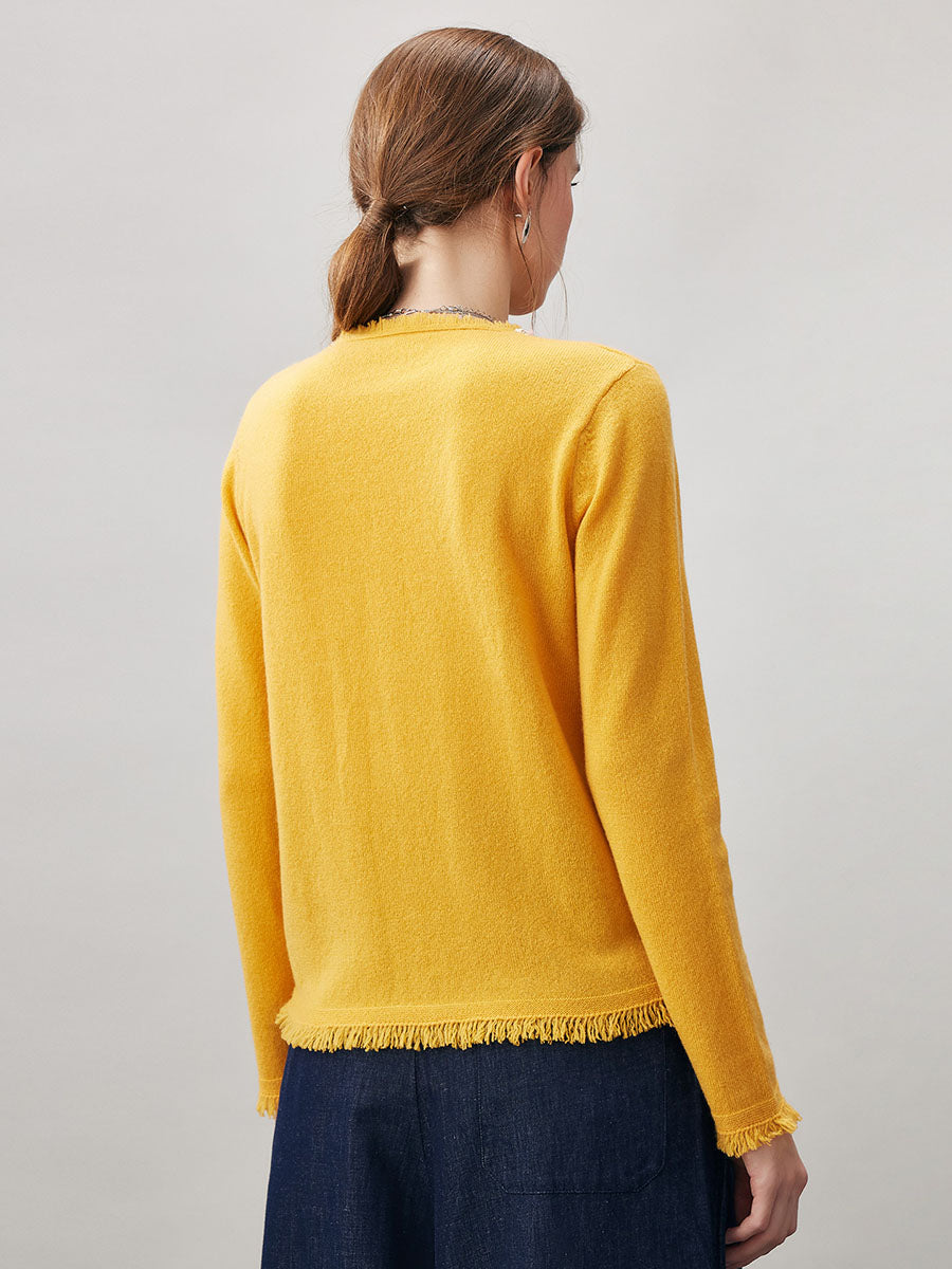 COMOBOCA 100% Cashmere Women's Fringed Hem Floral Sweater
