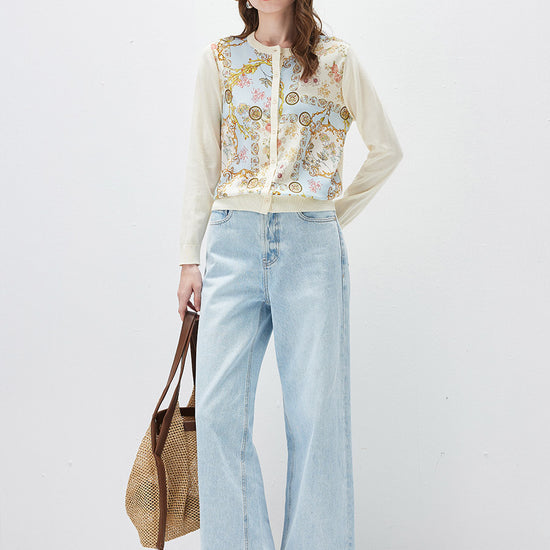 COMOBOCA Women's Printed Panel Knit Cardigan