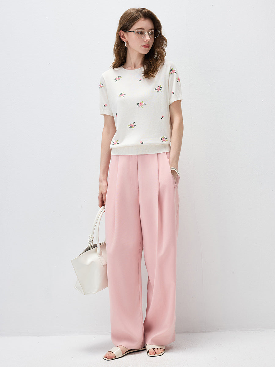 COMOBOCA Women's Floral Embroidery Knit T-Shirt