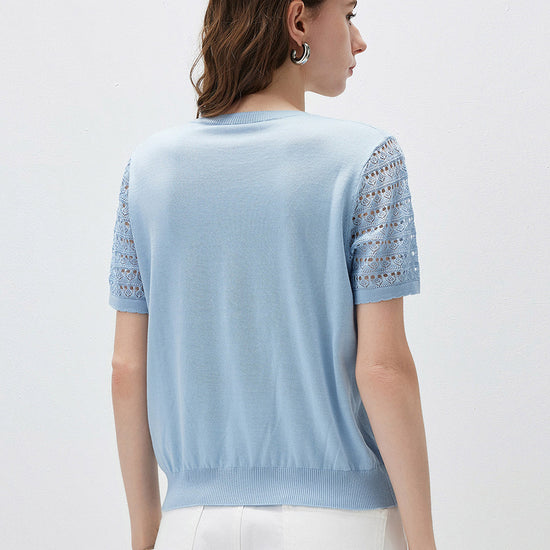 COMOBOCA Women's Lace Round Neck Knit T-Shirt