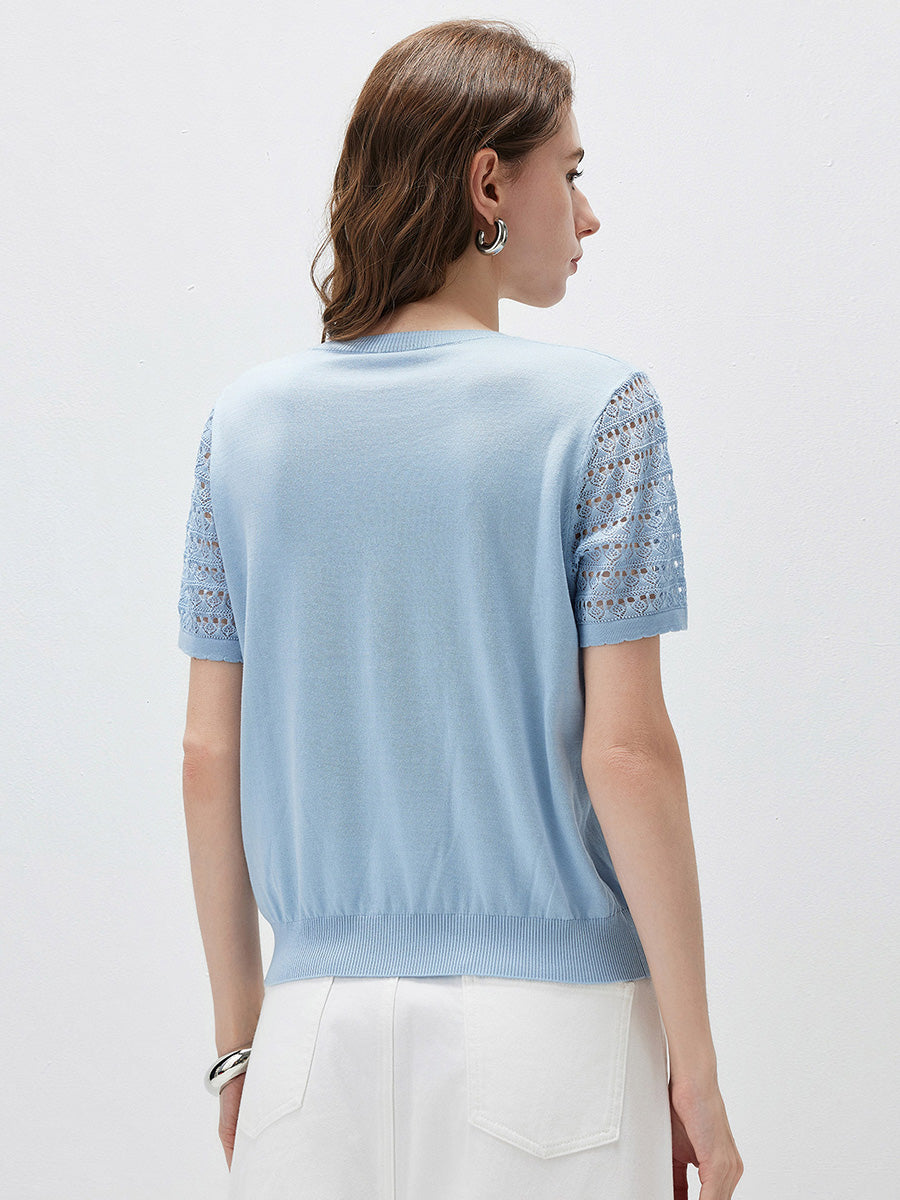 COMOBOCA Women's Lace Round Neck Knit T-Shirt