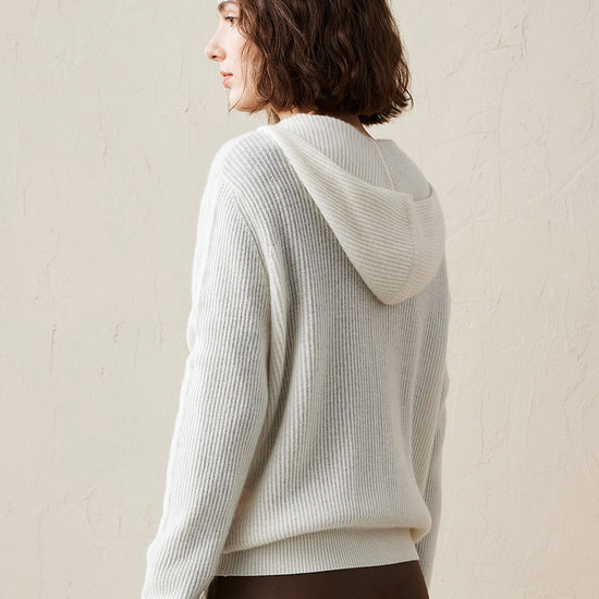 COMOBOCA 100% Cashmere Women's Ribbed Zip Knit Cardigan Hoodie