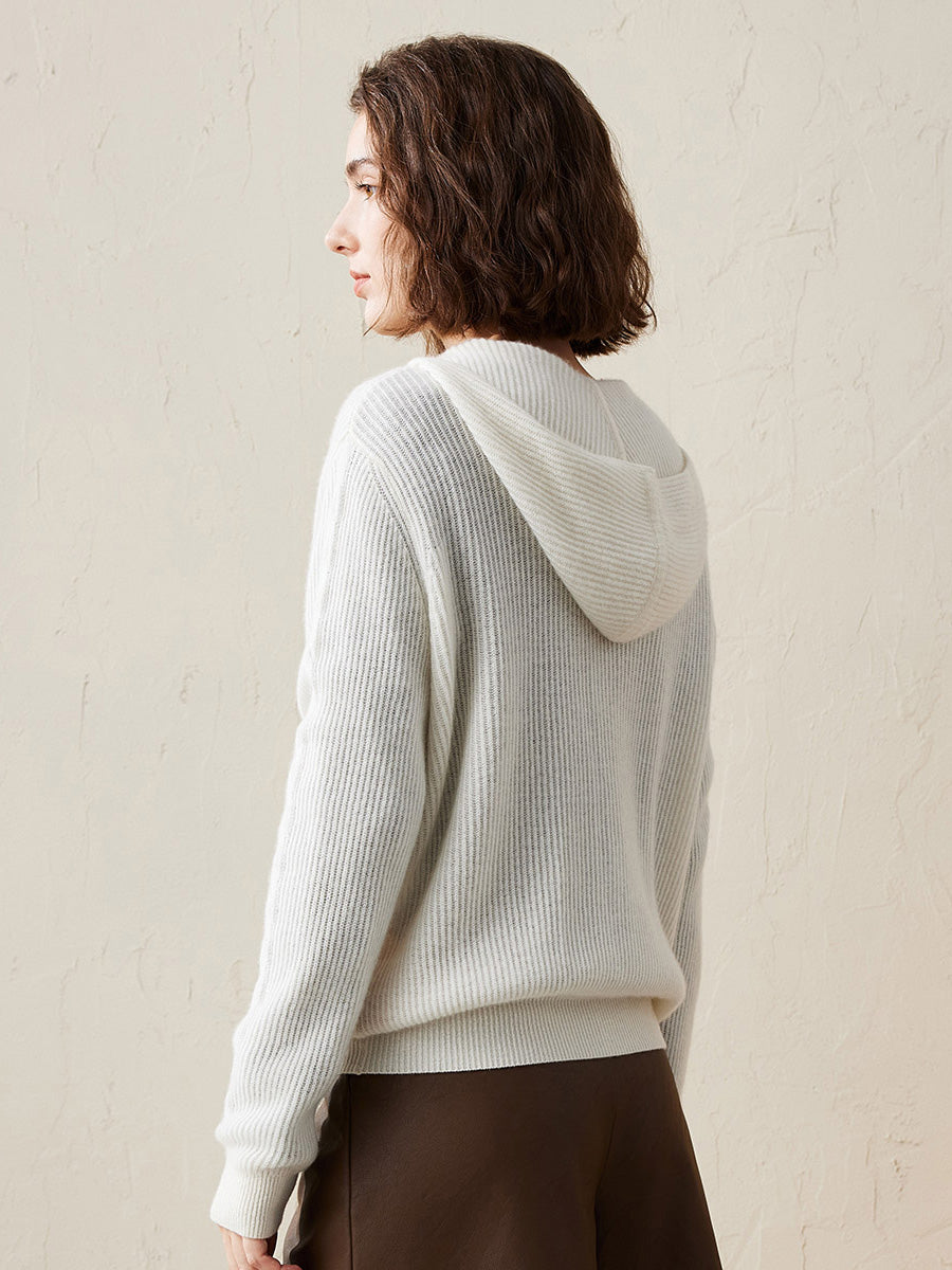 COMOBOCA 100% Cashmere Women's Ribbed Zip Knit Cardigan Hoodie