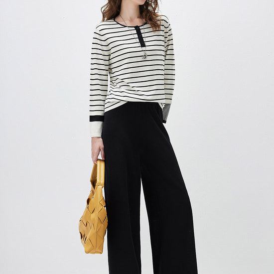 COMOBOCA Women's Stripe Henley Round Neck Sweater