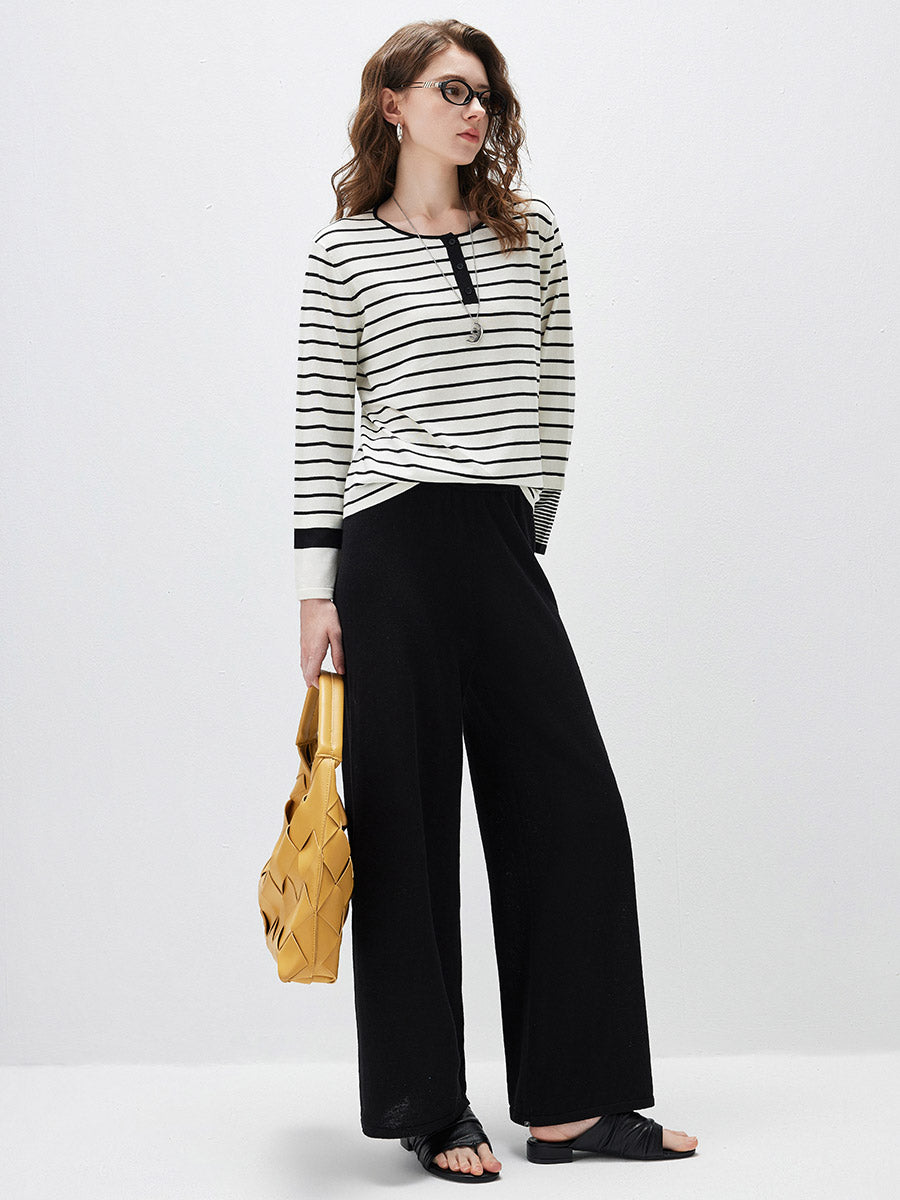 COMOBOCA Women's Stripe Henley Round Neck Sweater