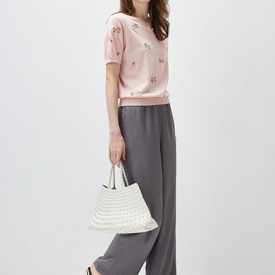 COMOBOCA Women's Floral Embroidery Knit T-Shirt