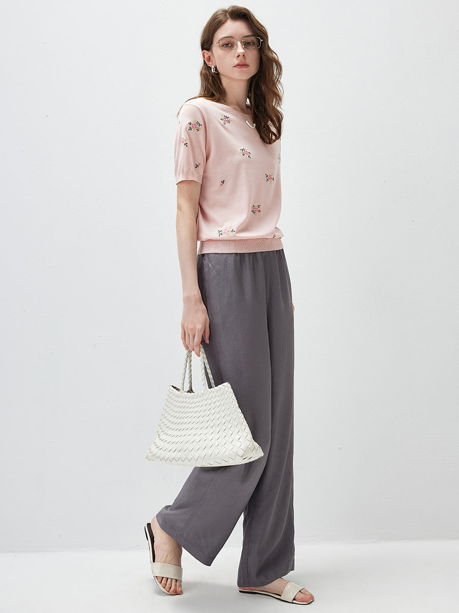 COMOBOCA Women's Floral Embroidery Knit T-Shirt