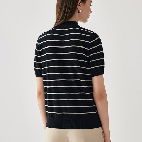 COMOBOCA 100% Wool Women's Mock Neck Striped Ribbed T-Shirt