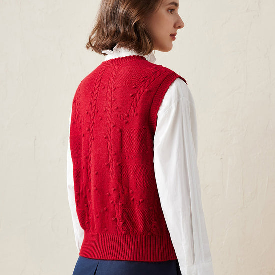 COMOBOCA 100% Cashmere Women's Bow Detailing Cable Knit Vest