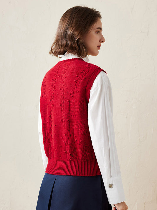 COMOBOCA 100% Cashmere Women's Bow Detailing Cable Knit Vest