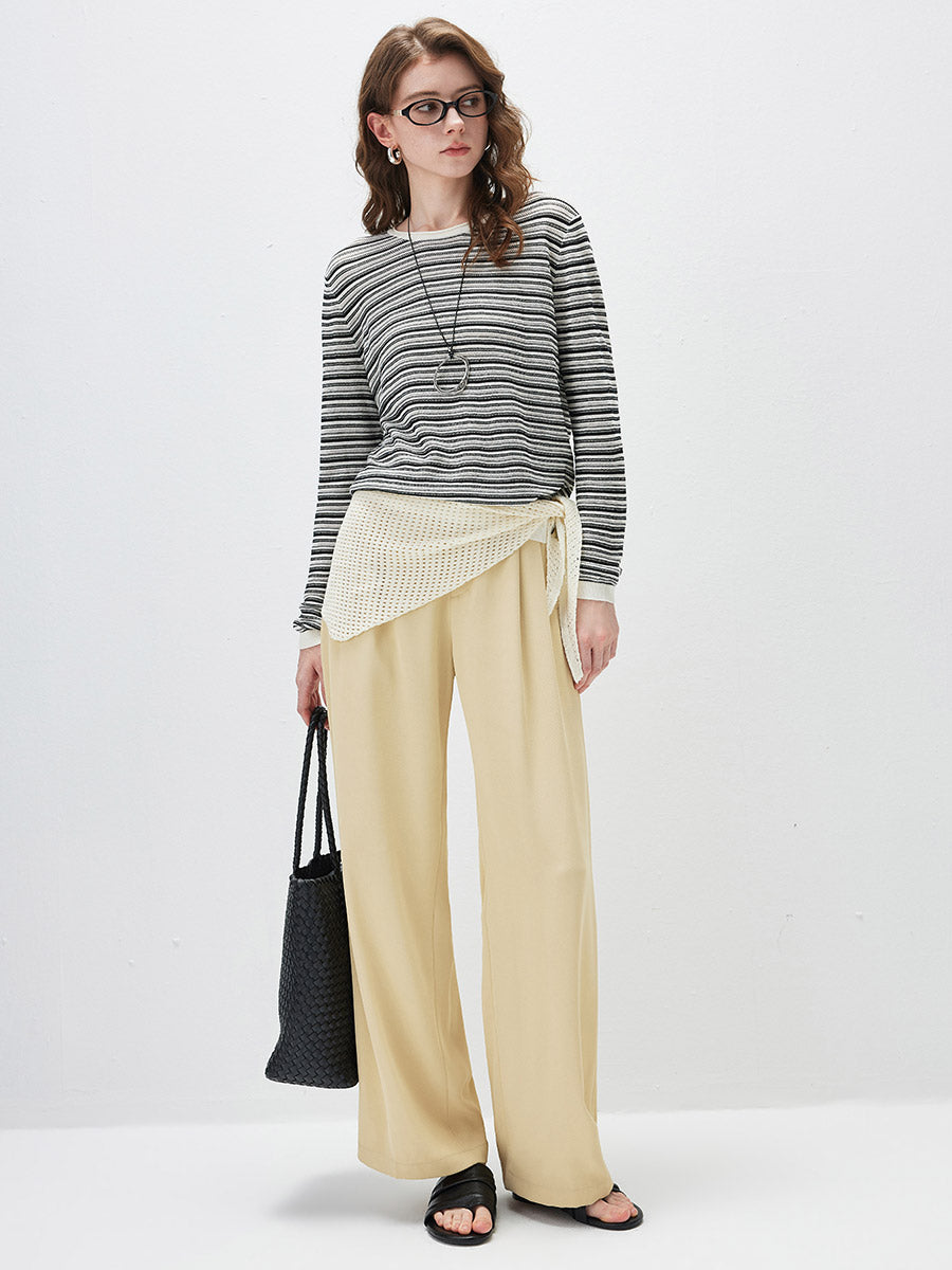 COMOBOCA Women's Striped Mesh Knit Round Neck Sweater