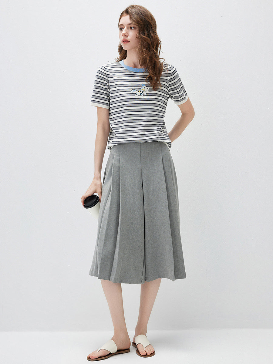 COMOBOCA Women's Embroidery Striped Knit Top