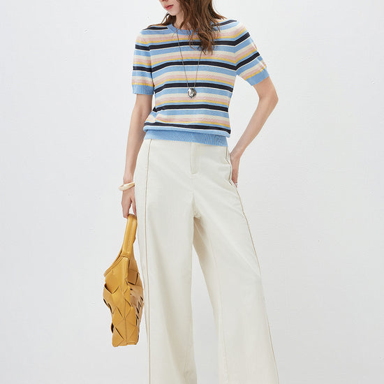 COMOBOCA Women's Multi-Color Stripe Knit T-Shirt