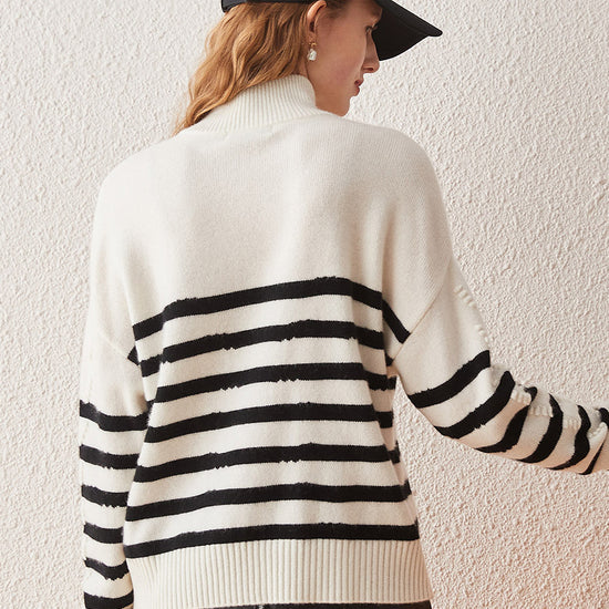 COMOBOCA 100% Cashmere Women's Striped Half-Zip Knit Sweater