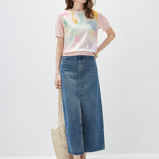 COMOBOCA Women's Floral Print Panel Knit T-Shirt