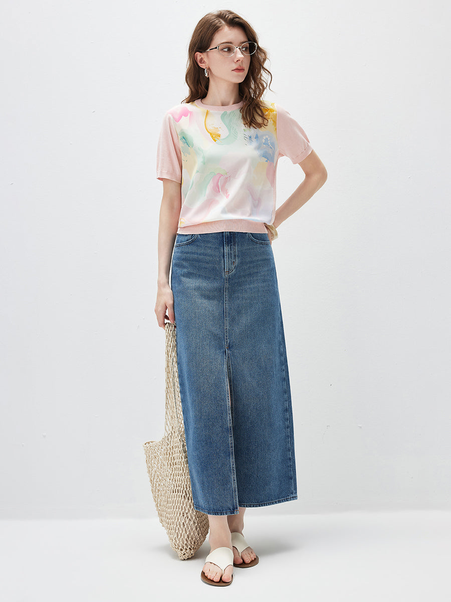 COMOBOCA Women's Floral Print Panel Knit T-Shirt