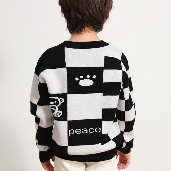 COMOBOCA 100% Wool Kids' Color Block Round Neck Sweater