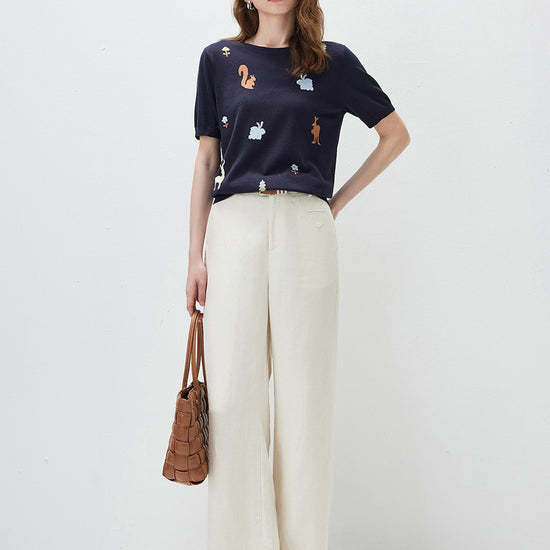 COMOBOCA Women's Forest Animal Intarsia Knit T-Shirt