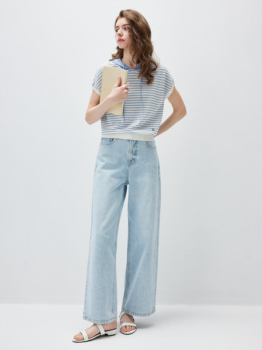 COMOBOCA Women's Striped Contrast Hooded Knit T-Shirt