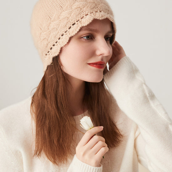 COMOBOCA 100% Cashmere Women's Crochet Trim Cable Knit Beanie