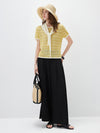 Women’s Round-Neck Linen Blend Dopamine Striped Knit Short Sleeve Top with Contrast Trim