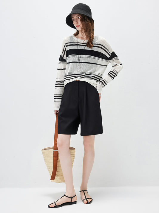 COMOBOCA Women's Asymmetric Stripe Mesh Knit Round Neck Sweater