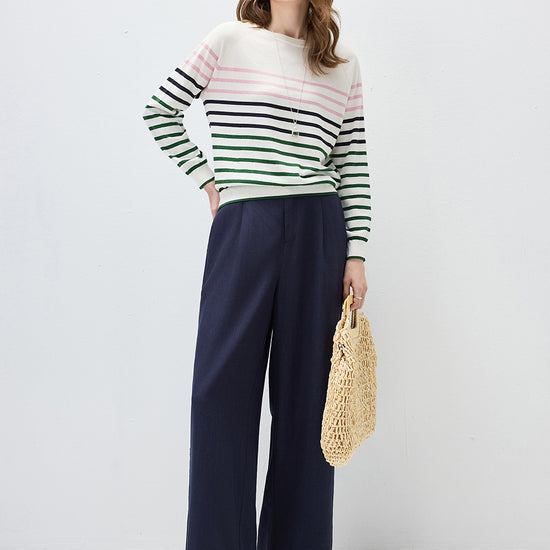 COMOBOCA Women's Stripe Round Neck Knit Sweater