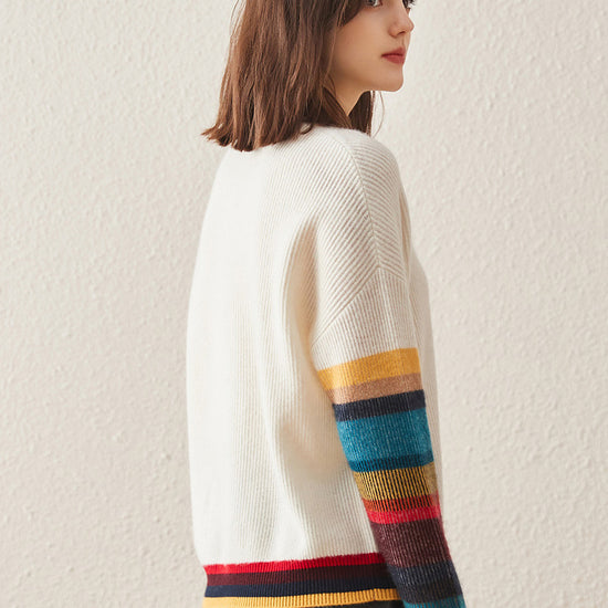 COMOBOCA 100% Cashmere Women's Striped Round Neck Sweater