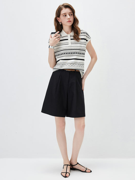 COMOBOCA Women's Geometric Stripe Polo Knit T-Shirt