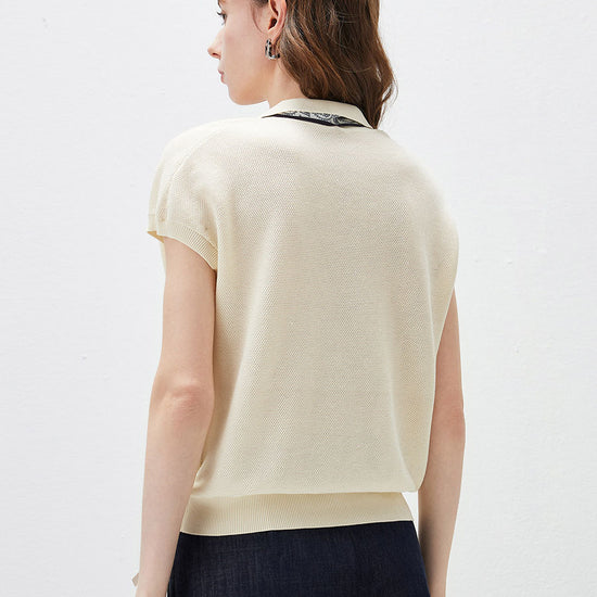 COMOBOCA Women's Paisley Scarf Polo Collar Waffle Knit T-Shirt